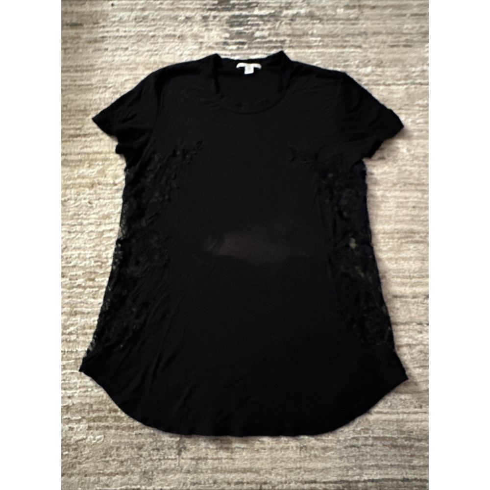 James Perse Women Short Sleeve Crewneck T-Shirt Black Sz2 Floral Side Embroidery